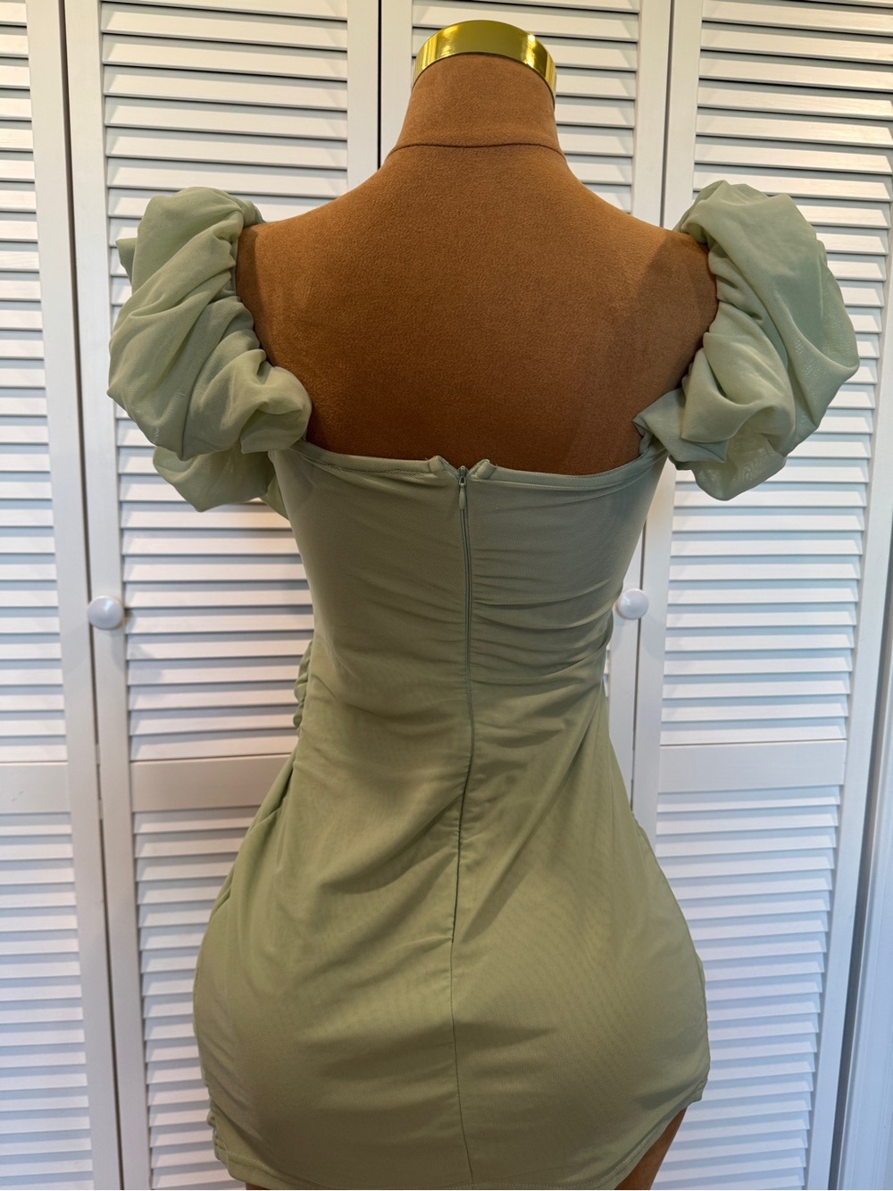 Off-Shoulder Sage Green Ruched Mini Dress - Picture 3 of 5